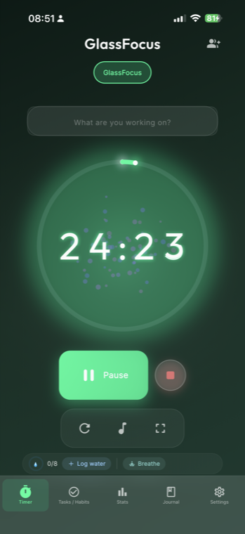GlassFocus focus timer running a 24:23 Pomodoro session with a glowing progress ring and particle visual