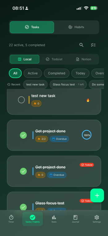 GlassFocus task list with streaks, completion progress and Local, Todoist and Notion sources
