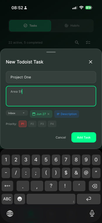 GlassFocus creating a new task with project, due date and priority
