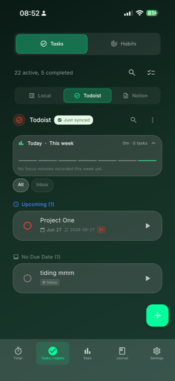 GlassFocus Todoist integration showing upcoming tasks synced two-way with focus time
