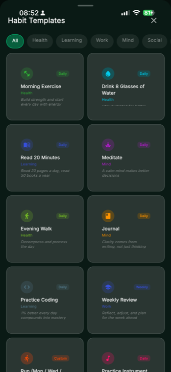 GlassFocus habit templates library including exercise, reading, meditation and journaling
