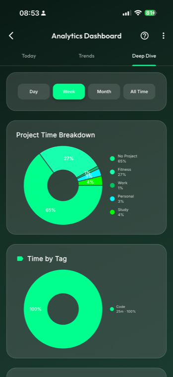 GlassFocus analytics showing project time breakdown pie chart and time spent by tag