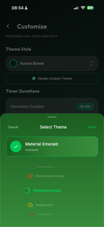 GlassFocus customize screen with theme styles, a custom theme designer and timer durations