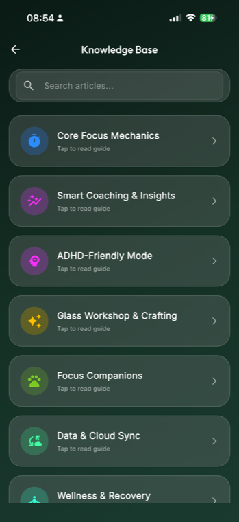 GlassFocus built-in knowledge base with guides for focus mechanics, ADHD mode and more