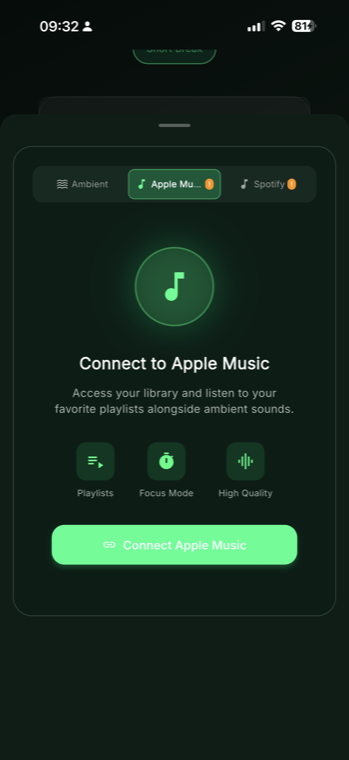 GlassFocus Connect to Apple Music screen to play your library alongside ambient sounds during focus