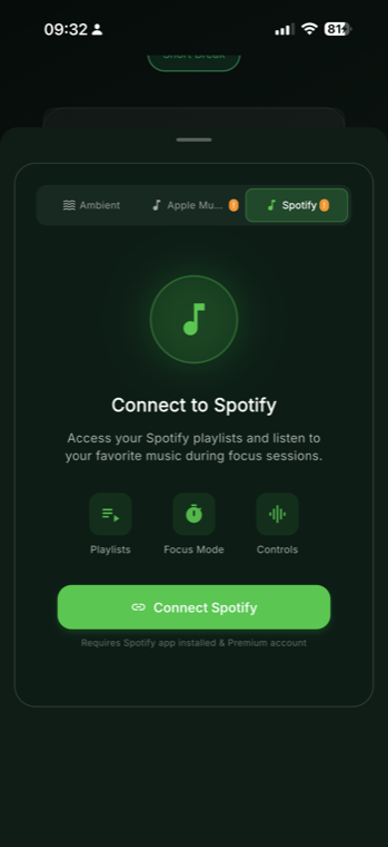 GlassFocus Connect to Spotify screen to play your playlists during focus sessions
