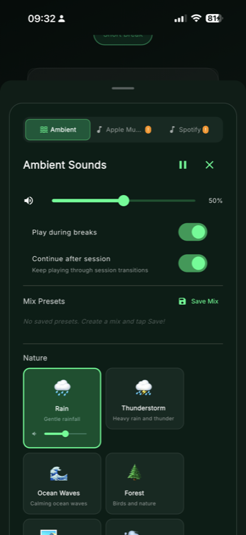 GlassFocus ambient sounds panel mixing rain, ocean waves, forest and thunderstorm with a volume slider and save-mix option