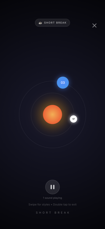 GlassFocus immersive full-screen focus mode with an orbital, solar-system style timer visualization during a short break