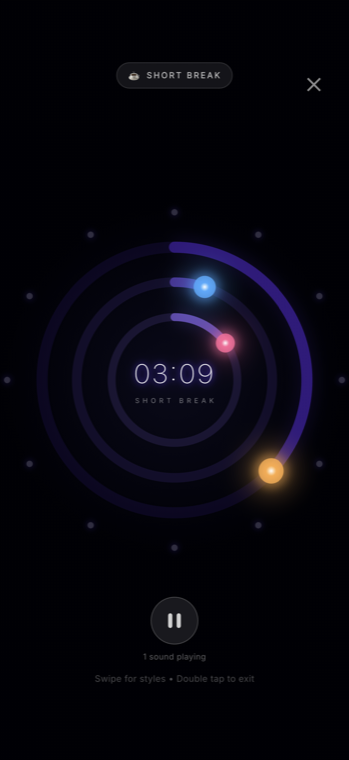 GlassFocus immersive full-screen focus mode with glowing orbital rings counting down 03:09 on a short break