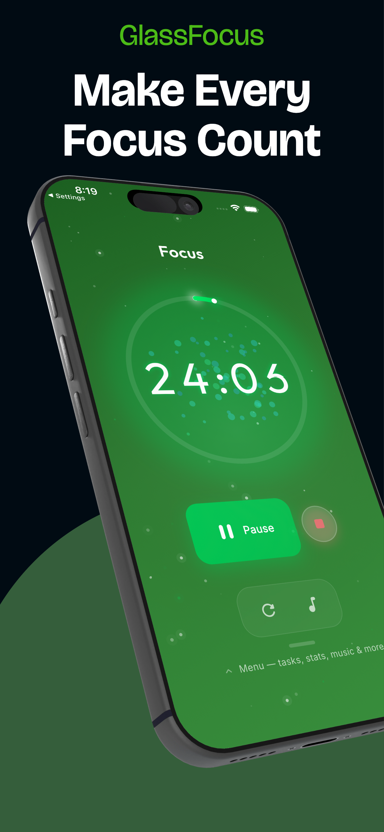 GlassFocus — Make Every Focus Count. A full-screen Pomodoro focus timer counting 24:05 with a glowing green ring and particle visual.
