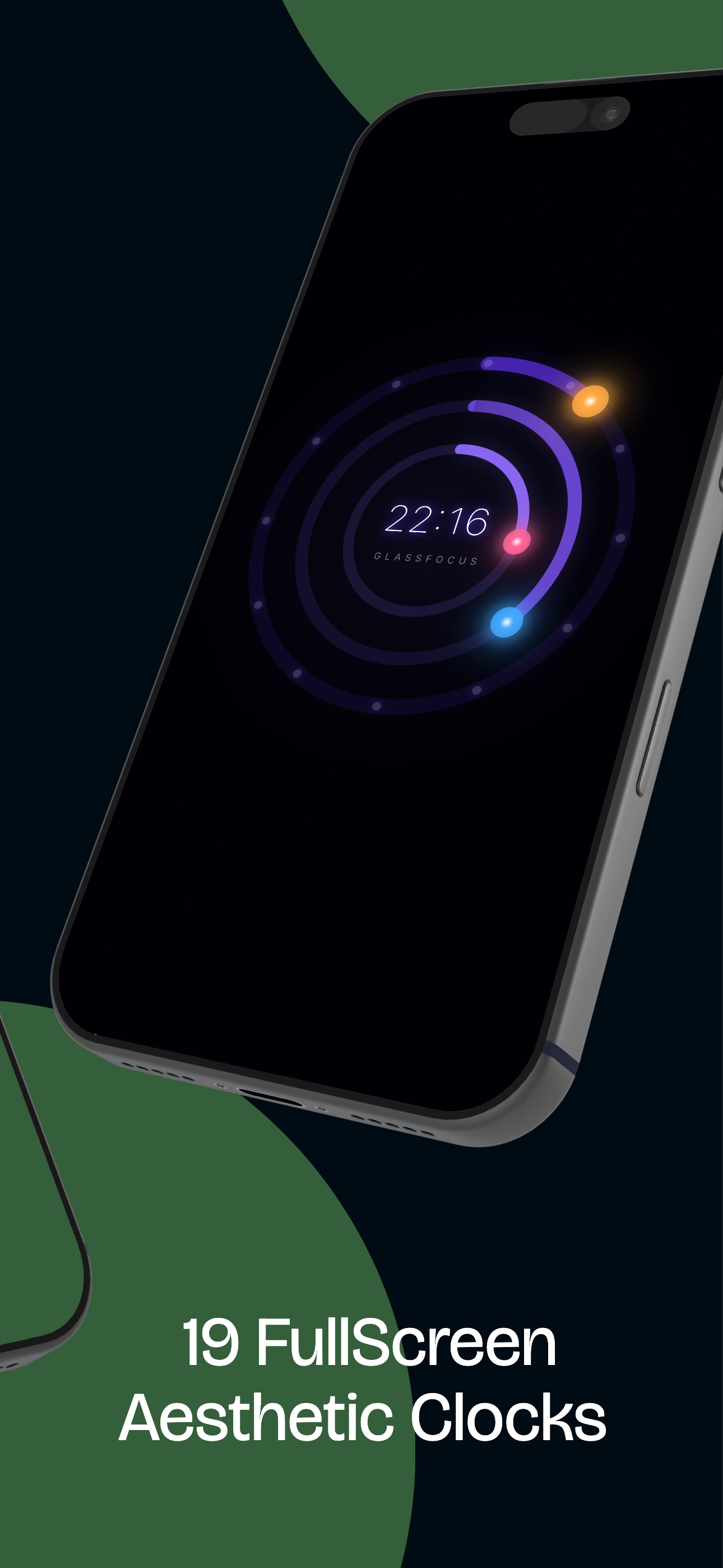 19 full-screen aesthetic clock faces — an orbit-style clock showing 22:16