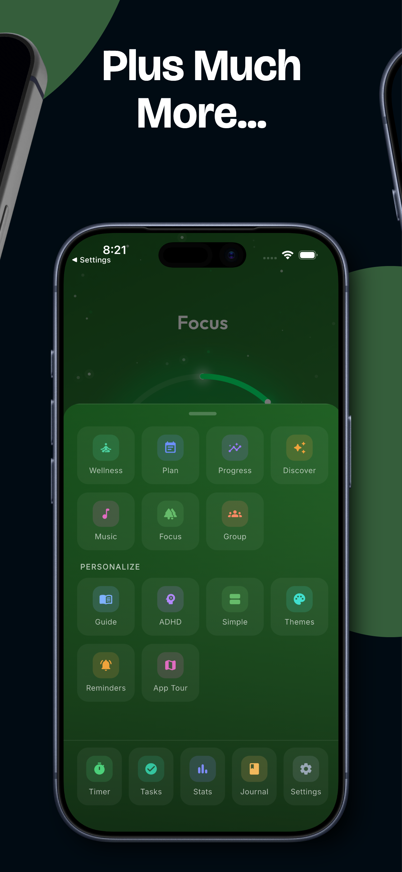 Plus much more — the slide-up menu with Wellness, Plan, Progress, Discover, Music, Focus, Group and Personalize shortcuts