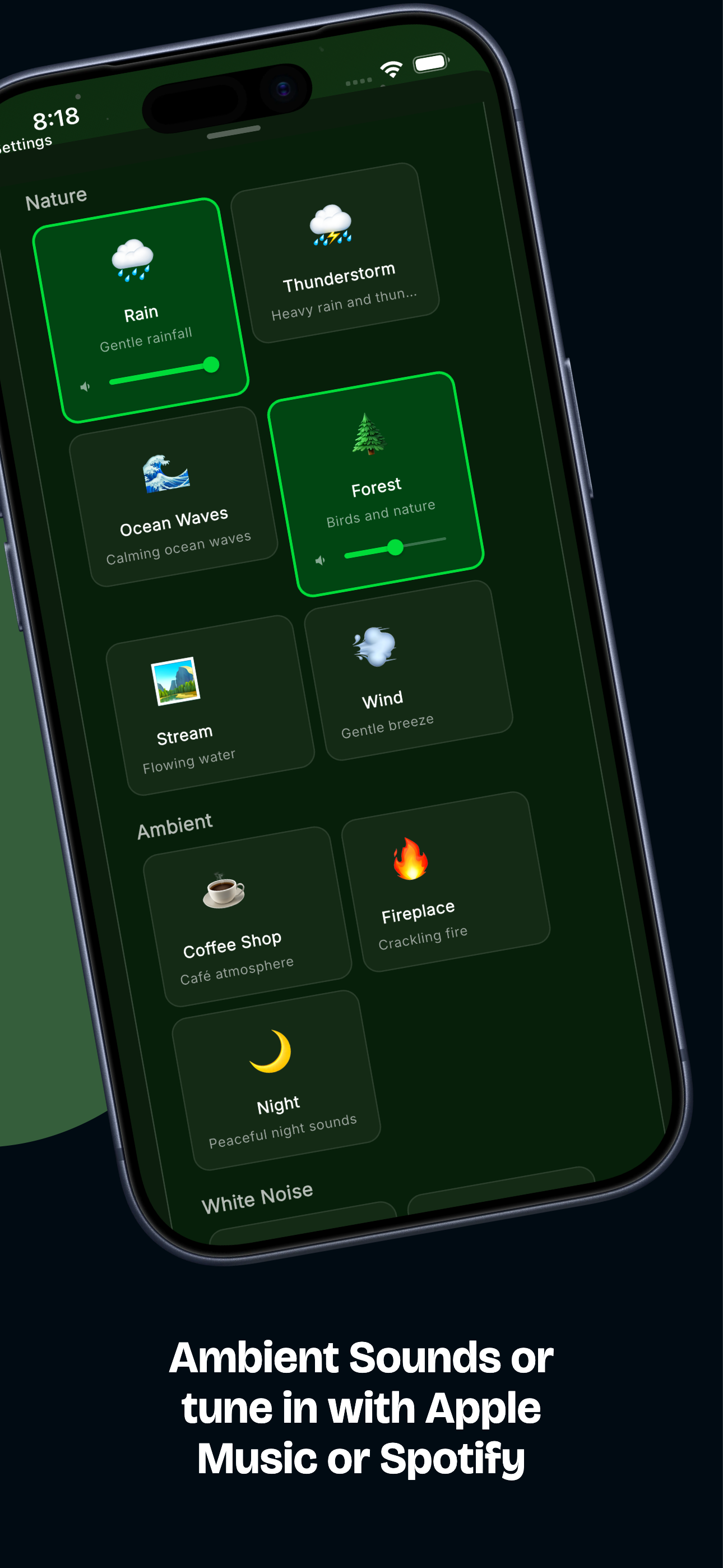 Ambient sounds — rain, forest, ocean waves, coffee shop, fireplace and more, or tune in with Apple Music or Spotify