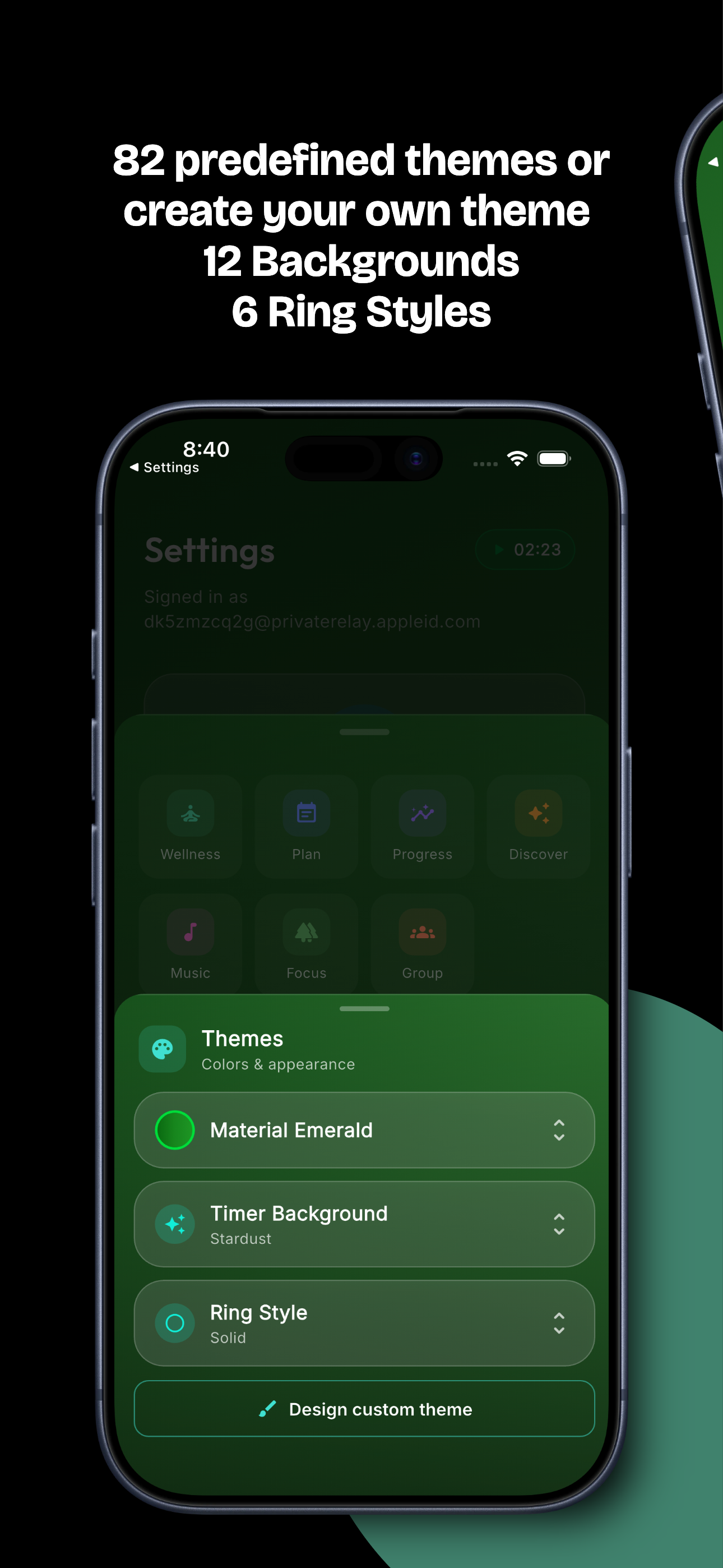 82 predefined themes or create your own — 12 timer backgrounds and 6 ring styles