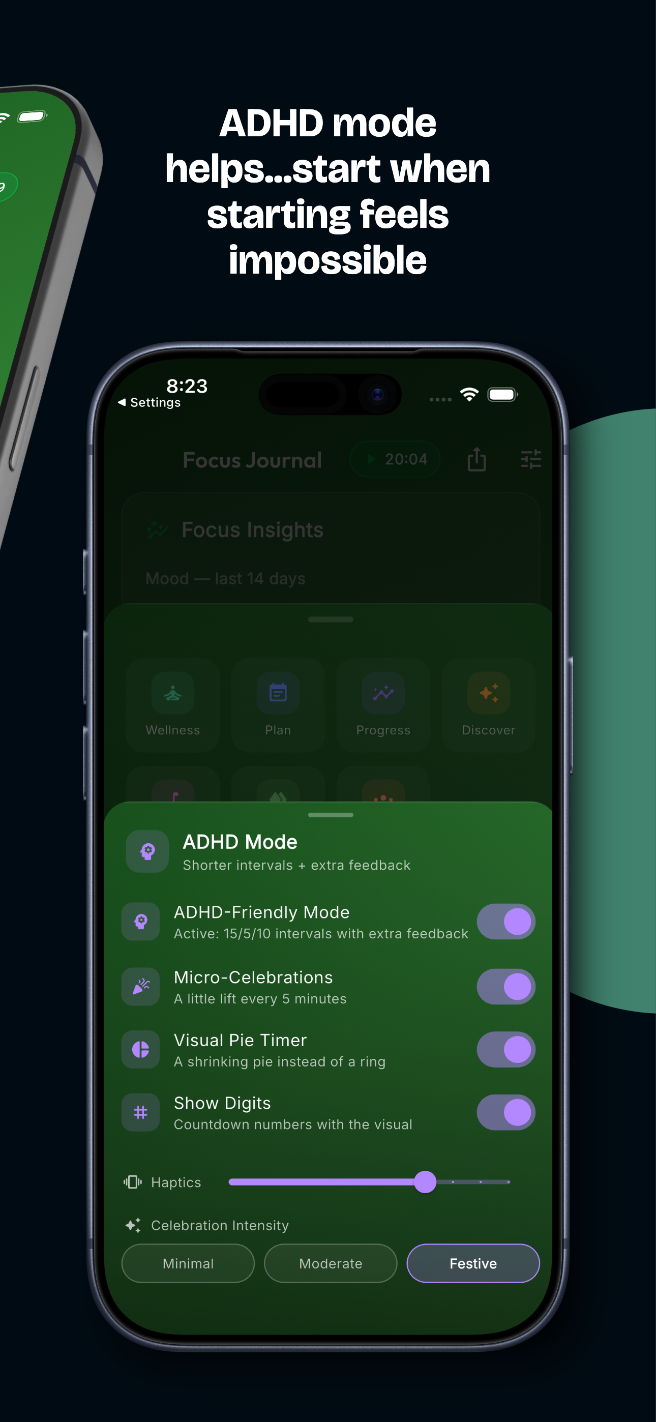ADHD mode helps you start when starting feels impossible — 15/5/10 intervals, micro-celebrations and a visual pie timer