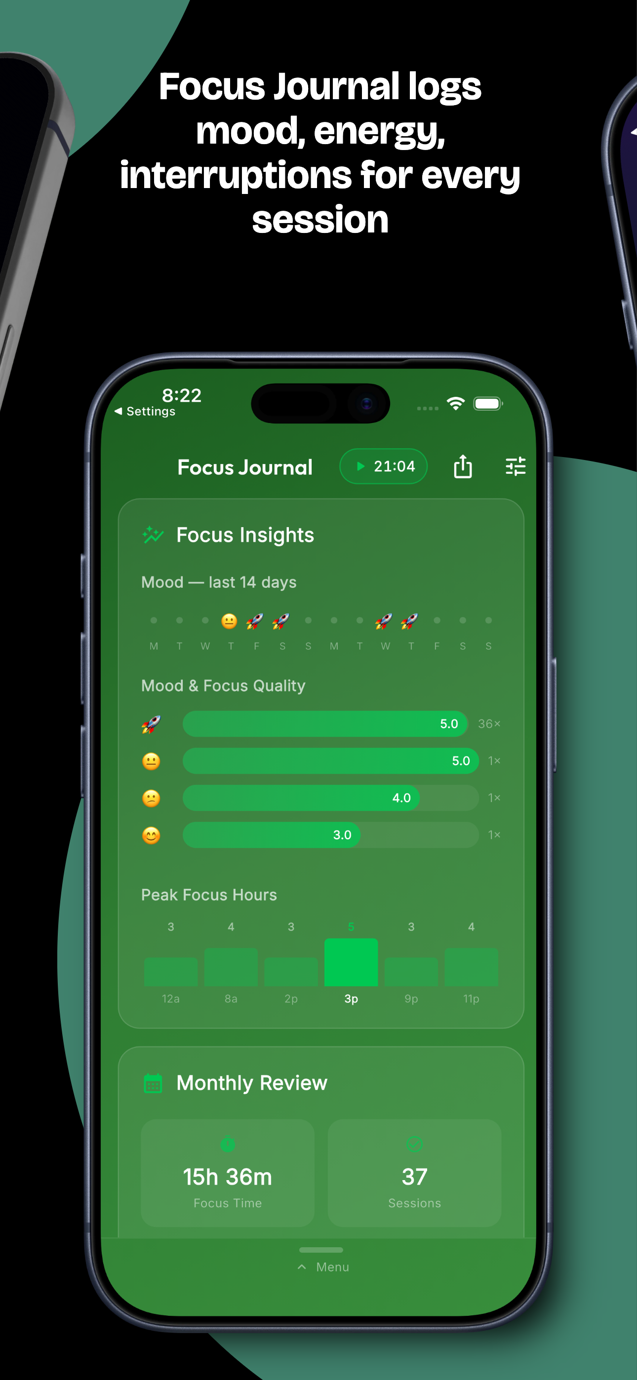 Focus Journal logs mood, energy and interruptions for every session, with mood trends and peak focus hours